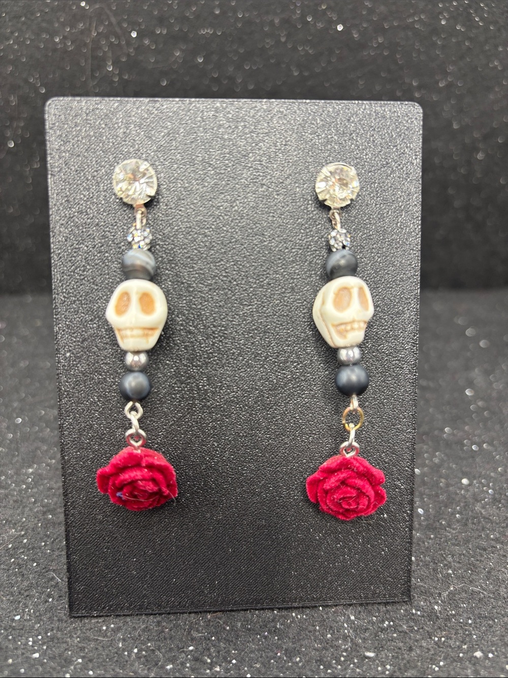 Gothic Skull & Red Rose Dangle Earrings